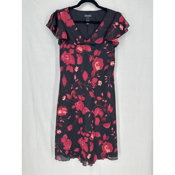 90s Vintage Dress Women 8 Black Floral Midi Red Roses V Neck Cottage Boho Grunge - Picture 1 of 7